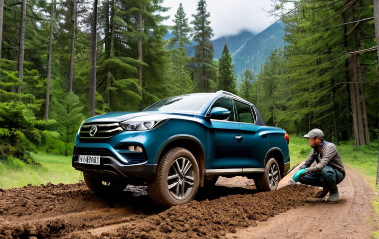 쌍용 렉스턴 스포츠와 현대 싼타페 비교 - Image Prompt 1: The Robust Workhorse in Action**