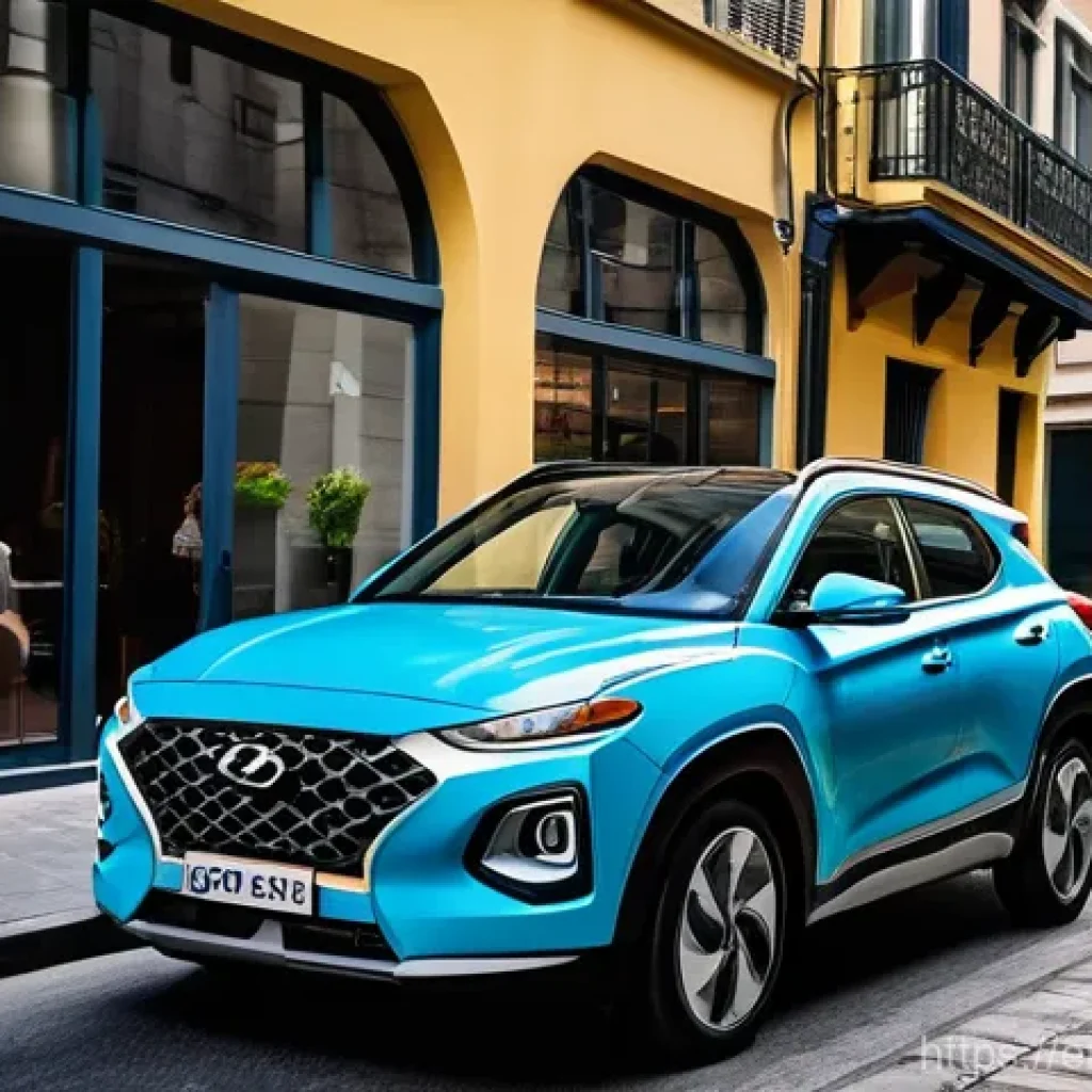 쌍용 코란도와 현대 캐스퍼 비교 - **Urban Agility: The Hyundai Casper's City Charm**
    A vibrant, eye-level street photography shot ...