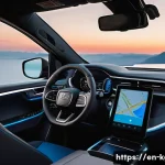 쌍용 렉스턴 스포츠 칸의 하이테크 옵션 - **A modern pickup truck interior at dusk, showcasing an advanced infotainment system.** A profession...