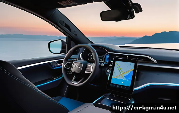 쌍용 렉스턴 스포츠 칸의 하이테크 옵션 - **A modern pickup truck interior at dusk, showcasing an advanced infotainment system.** A profession...