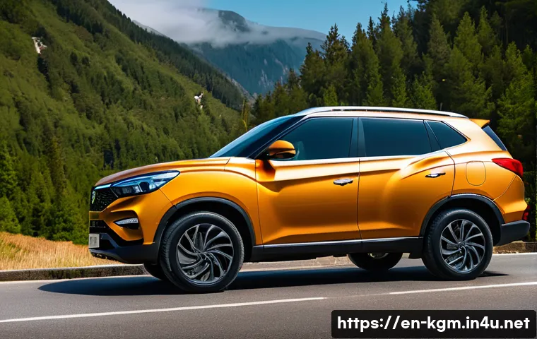 쌍용 토레스의 고객 충성도 - A bold and rugged SsangYong Torres SUV parked on a scenic mountain road during golden hour, showcasi...