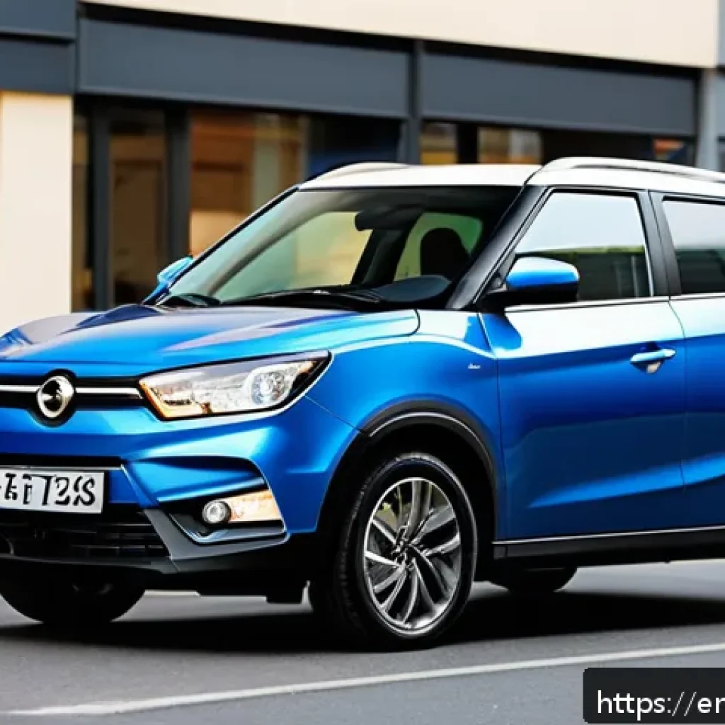 쌍용 티볼리 중고차 시세 분석 - A sleek, modern SsangYong Tivoli compact SUV parked on a busy urban street during daytime, surrounde...