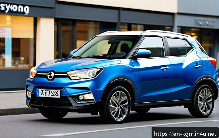 쌍용 티볼리 중고차 시세 분석 - A sleek, modern SsangYong Tivoli compact SUV parked on a busy urban street during daytime, surrounde...