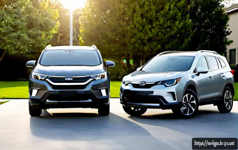 Home 17 쌍용 코란도 VS 현대 코나 비교 - Photorealistic side-by-side comparison of two unbranded compact crossover SUVs, one rugged boxy dark...