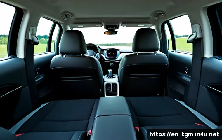 Home 17 쌍용 토레스 내부 공간 리뷰 - Photorealistic wide-angle view from the open rear door of a modern midsize SUV, emphasizing generous...